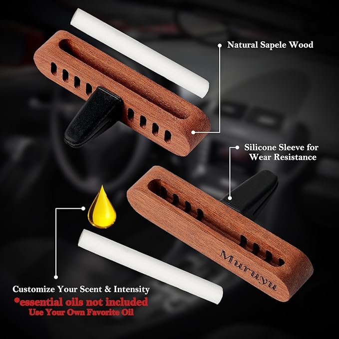 2-Pack Car Vent Clip Diffuser, Natural Sapele Wood Car Air Freshener for Essential Oils, Refillable Solid Wood Design (No Essential Oils)