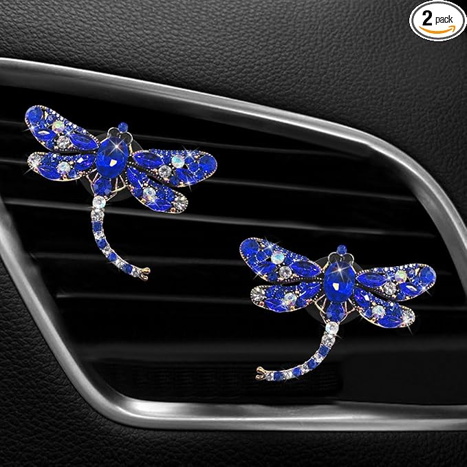 2PCS Bling Dragonfly Car Air Vent Clips, Crystal Rhinestone Car Air Conditioning Outlet Clip, Universal Cute Vehicle Interior Diffuser Decoration Accessories for Women(Blue)