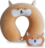 Cute Travel Pillow with Sleep Eye Mask Cartoon Headrest & Neck Pillow for Kids Boys & Girls, Teens, Travel Accessories for Airplane, Car, Recline, Home Use Memory Foam Flight - Cute Yellow Corgi