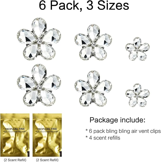 6 Pack Bling Bling Crystal Car Air Fresheners Vent Clips for Women, Bling Car Vent Clip with Reuseable Scent Refills, 3 Sizes (Silvery)