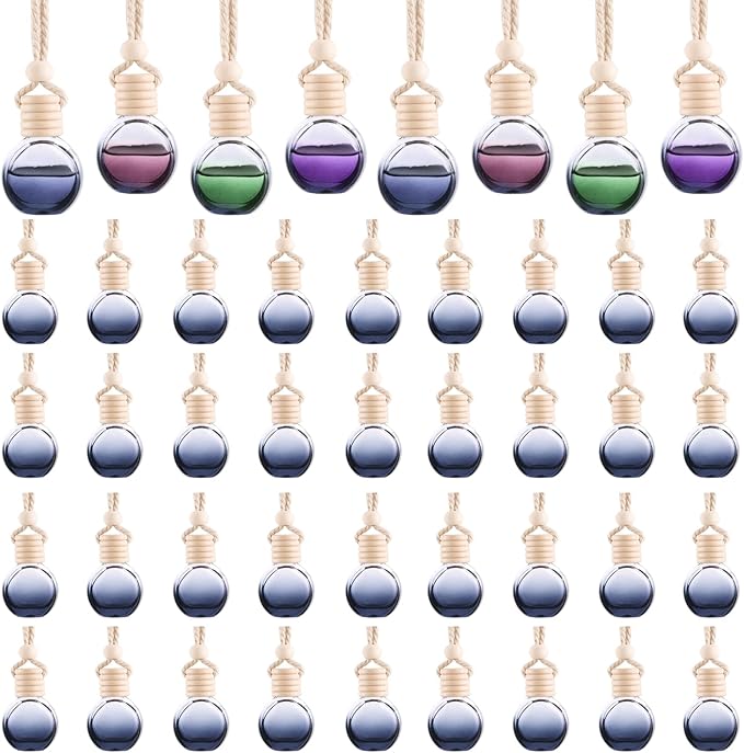 40 Pack Black Hanging Car Air Freshener Diffuser Bottles Empty Glass Perfume Bottles Pendant Diffuser Bottle for Essential Oils Fragrance Aromatherapy Auto Ornaments
