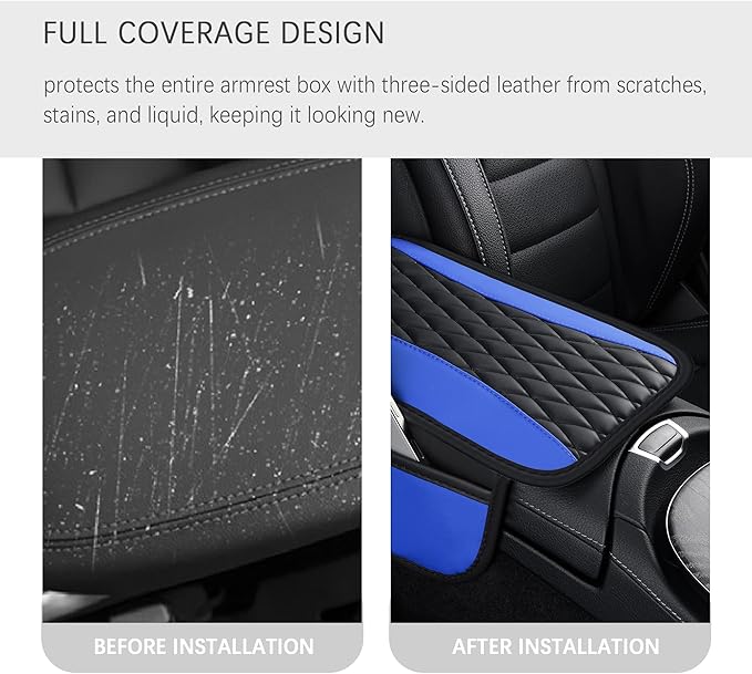 Patchwork Leather Center Console Covers for Cars,Upgraded Arm Rest Cover for Car with Side Storage Pocket for Car Seat Organizer,Middle Console Cover Stylish Car Decoration (Blue)