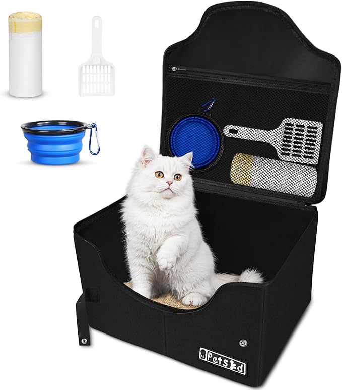 Petskd Portable Travel Litter Box for Cats with Lid and 10 pcs Liner Bags, Light Weight, Leak-Proof and Higher Sides for Road Trips, Hotel Stays, Car Travel(Black)