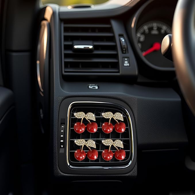 4Pcs Cherry Car Air Vent Freshener Perfume Clip, Rhinestone Air Outlet Fragrance Perfume Clip Freshener, Car Decor（Cherry Flavour）