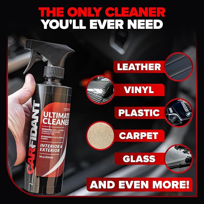 Carfidant Ultimate Car Interior Cleaner - Professional Stain and Odor Remover for Leather, Fabric, Carpet - Tesla Safe, Pet & Kid Friendly - Works on All Interior Surfaces - 18oz + Microfiber Towel