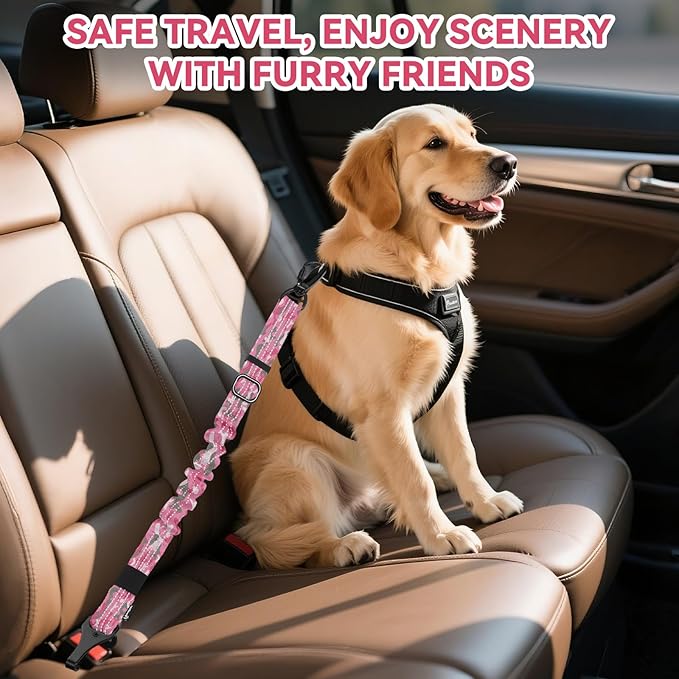 Pawaboo Dog Car Seat Belt– Reflective & Adjustable Dogs Cars Harness Leash with 360° Lockable Buckle, Shockproof Dogs Tether Bungee for Safe Travel, Pink Camouflage