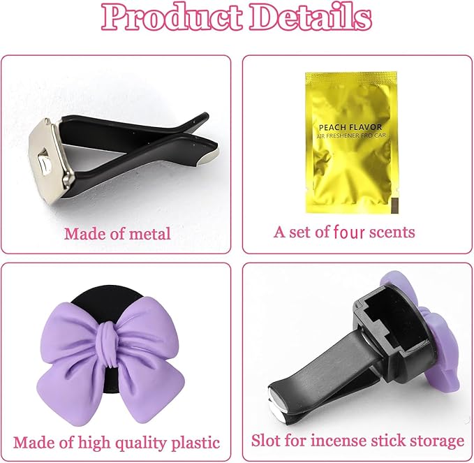 4PCS Bow Car Air Freshener Clips, Cute Girly Bow Car Air Vent Clip, Car Decor Accessories Interior Aesthetic Decorations Charm Stuff for Women Gir (Purple, 1.69in)