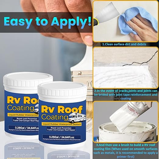 0.52Gal/69.28Fl.oz Liquid Rubber Rv Roof Coating White Waterproof Sealant Camper Roof Repair Solar Reflective Wooden Brush Putty Knife Nitrile Gloves Paint Roller Drywall Repair Tape