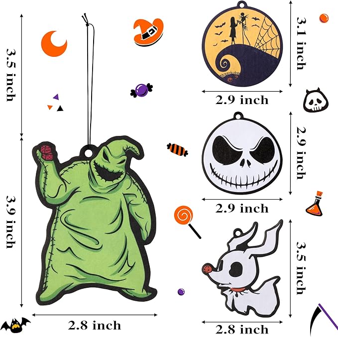 4Pcs Nightmare Sally Theme Car Air Freshener Hanging Fragrance Chips Zombie Bride Ghost Rearview Mirror Pendant Essential Oil Diffuser Hanging Scent Car Accessories Decor