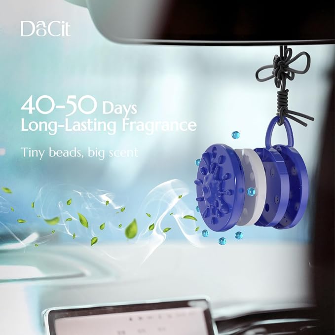 Car Air Freshener Hanging, Car Fresheners Long Lasting for Men & Women, Refillable Essential Oil Diffuser with 7 Beads + 14 Refills, 40-50 Days Scent for Home, Office, Bathroom - Ocean