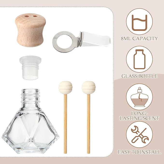 Zubebe 60 Pack 8 ml Diamond Essential Oil Diffuser Bottle Bulk Car Air Freshener Vent Clip Auto Perfume Vent Diffuser for Aromatherapy Fragrance Ornament Decor, Glass Bottle with Wooden Caps Stick