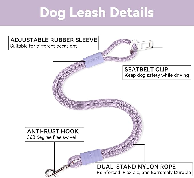 2-in-1 Dog Car Seatbelt Leash & Walking Lead - Heavy Duty 70CM Nylon Rope Leash with Secure Vehicle Buckle for Small Medium Large Dogs, for Travel, Walking, Training