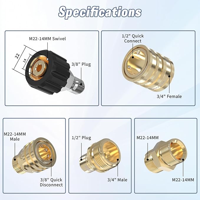 Pressure Washer Quick Connect Kit, M22-14mm to 3/8" Male Female Quick Disconnect Kit for Power Washer, 3/4 Inch Hose Fittings Adapter Set, Brass, 9 pcs