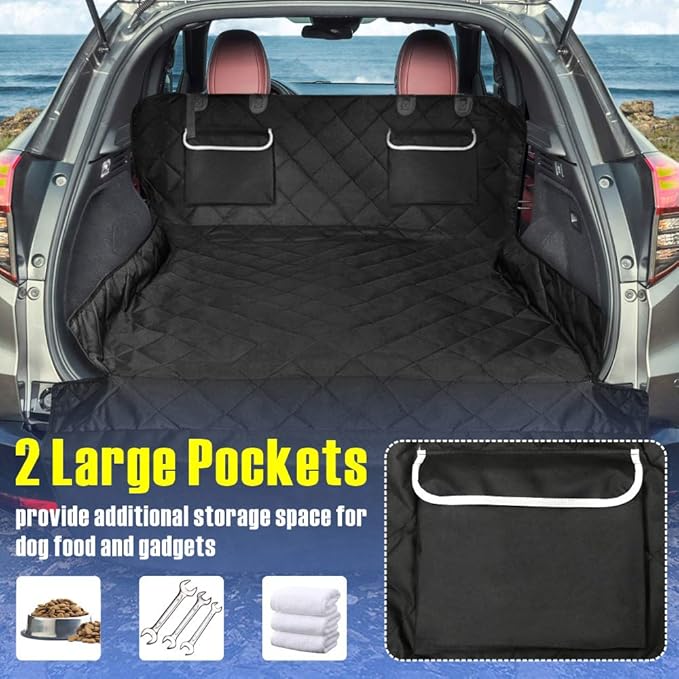 F-color SUV Cargo Liner for Dogs, Waterproof Pet Cargo Cover Dog Seat Cover Mat for SUVs Sedans Vans with 2 Large Pockets, Non-Slip, Large Size Universal Fit, Black