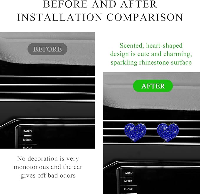 2 PCS Bling Car Air Vent Clip, Crystal Heart Car Air Fresheners Diffuser Vent Clip, Rhinestone Air Conditioning Outlet Clip For Women Girls, Interior Decor Car Accessories (Heart, Blue)