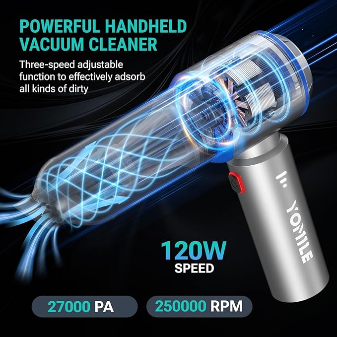 Mini Vacuum Cleaner, 2 in 1 27000PA Brushless Car Vacuum Air Duster 9000mAh Battery Air Blower Wireless Handheld Vacuum for Car,Office and Home
