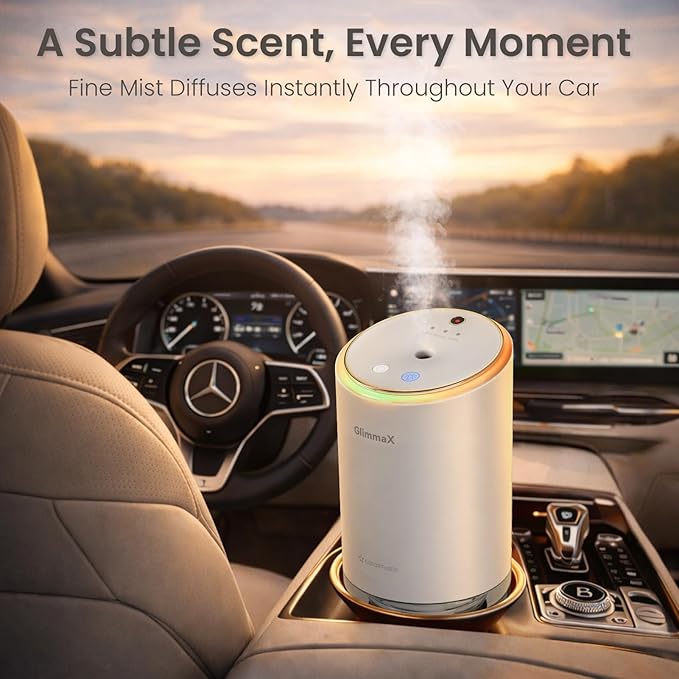 Smart Car Air Fresheners, New Smell Experience by Ultrasonic Mist, Auto On/Off, Natural Fragrance, 3 Adjustable Rechargeable Aroma Diffuser with Built-in Battery, Long Lasting Premium Scent