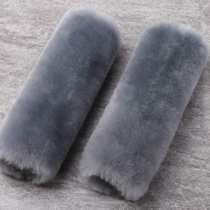 OGLAND 2 Pack Natural Fur Comfort Auto Authentic Sheepskin Car Seat Belt Pads for Adults, Soft Texture Shoulder Neck Cushion Pad Protector, Genuine Australia Merino Wool Cover (Blue Gray)