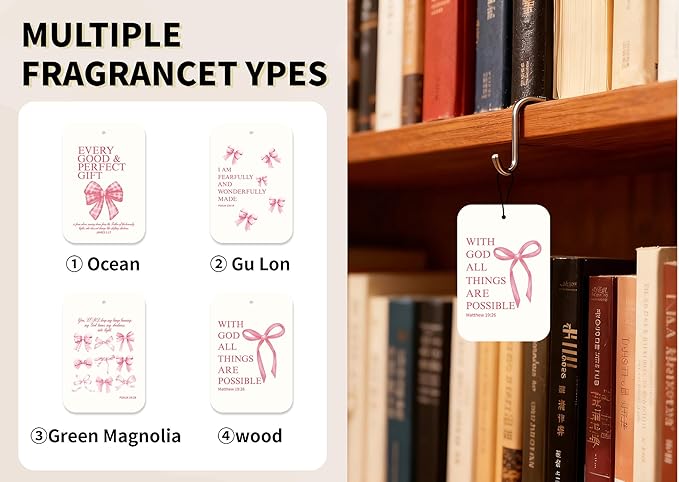 Pink Bow Car Fresheners, 4pcs Christian Car Accessories Interior, Mirror Decor For Women, Air Freshener Hanging For Bathroom Dorm Books Bedroom Drawer, Pink Girly Accessories Gifts For Girls -03