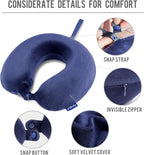 Fabuday Travel Pillow Memory Foam - Head Neck Support Airplane Pillow for Traveling, Car, Home, Office, Travel Neck Flight Pillow with Attachable Snap Strap Soft Washable Cover