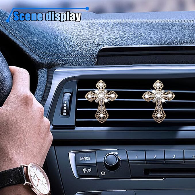 Bling Car Dashboard Air Vent Trim Clips, Crystal Rhinestone Air Vent Clips, Car Interior Decoration Accessories, Cross Air Conditioning Outlet Clip for Women Girls (Gold, 2PCS)