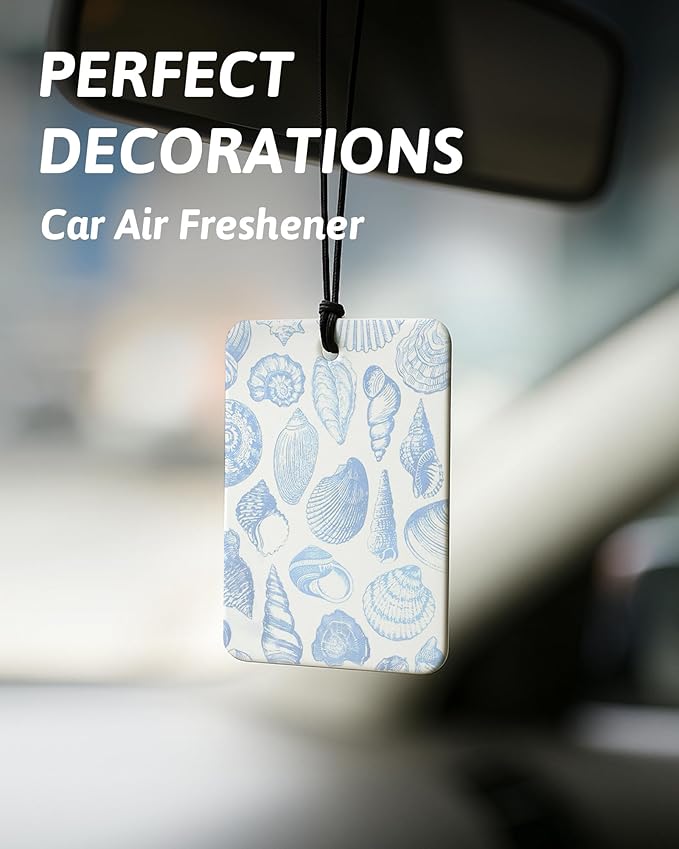 Blue Preppy Beach Car Air Freshener 4 Pcs, Coastal Preppy Beach Seashell Bikini Hanging Air Freshener for Cars Closet Drawer Books, Blue Girly Car Accessories Mirror Decor for Women
