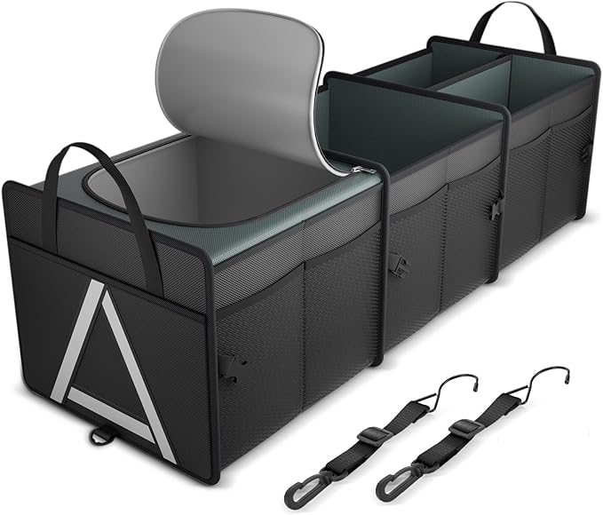 K KNODEL Sturdy Car Trunk Organizer with Premium Insulation Cooler Bag, 3 Compartments Heavy Duty Collapsible for Car, SUV, Truck, or Van (Large, Black)