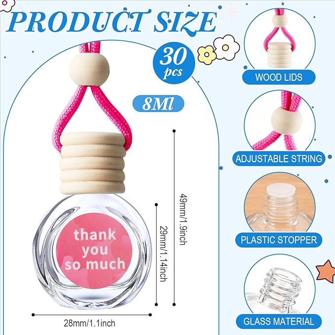 Boao 30 Pcs Hanging Car Air Freshener Diffuser Bottles Bulk, Empty Refillable Glass Perfume Pendants with Wood Caps, DIY Essential Oil Car Ornaments with Thank You Cards for Wedding Party Favors