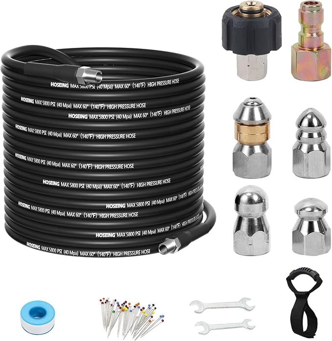 100FT Sewer Jetter Kit for Pressure Washer, 5800 PSI Water Jet Drain Cleaner Hose Corner Rotating Button Nose Sewer Jetting Nozzle 1/4 Inch NPT, Sewer Jetter Nozzles Kit with Spanner Handle Strap