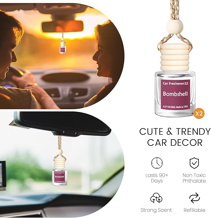 Hanging Car Air Freshener, Long Lasting Essential Oil Diffuser, Non-Toxic Bombshell Scent, Cute Car Fresheners for Women, 2 Pack Made in USA
