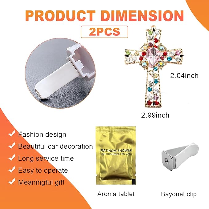 2PCS Bling Car Air Vent Clip, Crystal Cross Air Conditioner Outlet Air Fresheners Vent Clips, Sparkly Bedazzled Decor Rhinestone Cross Diffuser Clip, Interior Car Accessories (Light Pink)