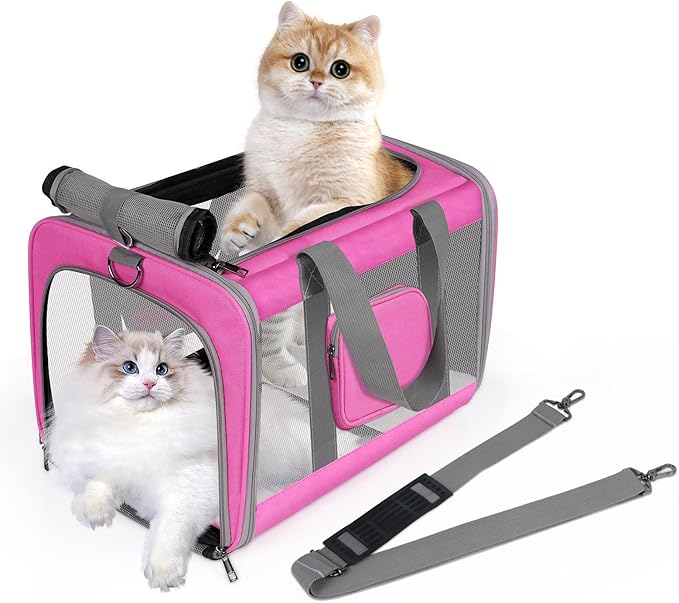 Cat Carrier for Large Cats up to 20 Lbs,Soft-Sided Pet Carrier for Large and Medium Cats, Small Dogs,Puppies,Collapsible Dog Carrier Travel Bag with 2 Storage Bags,4 Mesh Windows (Pink, Medium)