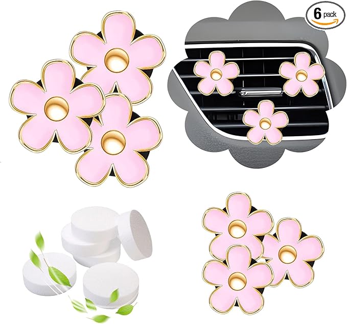 NBTEPEM 6 PCS Daisy Flower Air Vent Clip Car Decoration Accessories Air Conditioning Outlet Clip Car Air Freshener Clip Charm Car Interior Decor(3 cm, 3.3 cm, Pink)