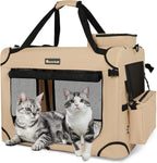 Extra Large Cat Carrier for 2 Cats Collapsible Soft Pet XL Crate for Large/Medium Cats 20lbs Car Travel Portable Bag with Water Bottle Slot For Long Trips (Beige, 24.0"L x 16.5"W x 16.5"H)