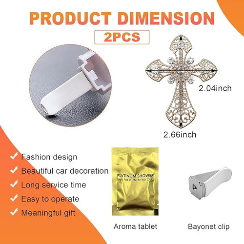 2PCS Bling Car Air Vent Clip, Crystal Cross Air Conditioner Outlet Air Fresheners Vent Clips, Sparkly Bedazzled Decor Rhinestone Cross Diffuser Clip, Interior Car Accessories (Golden)