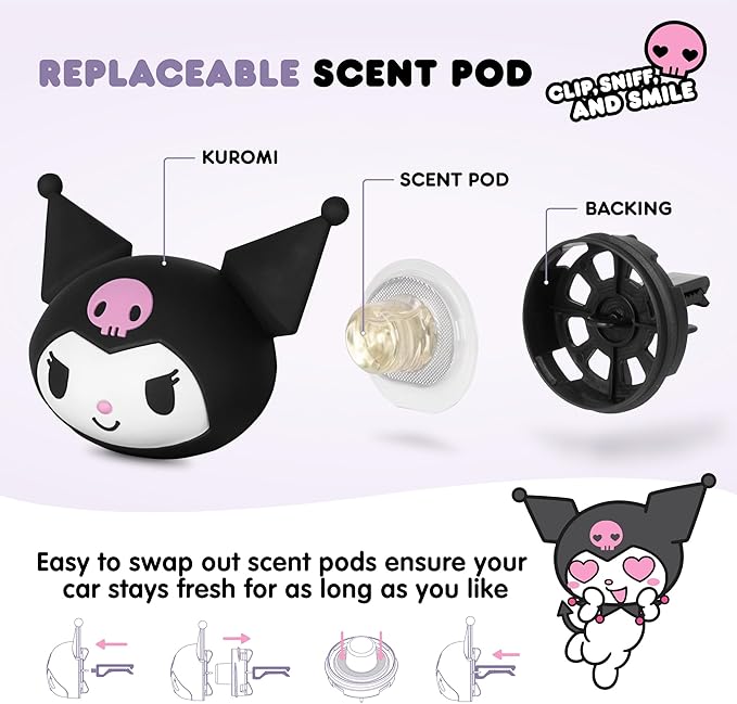 Kuromi Steering Wheel Cover, Official Sanrio Car Steering Wheel Cover with Easy Clip-on Car Air Freshener – Cute and Long-Lasting Kuromi Air Freshener for Car, Odor Eliminator, Fun Scents