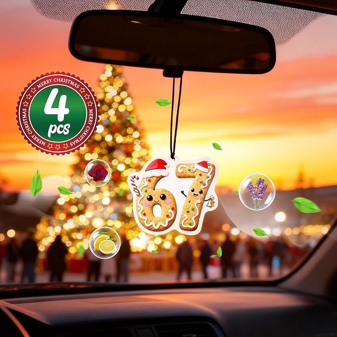 HINFKA 4Pcs 67 Christmas Air Freshener – Customizable Scent Car Ornament with Funny Six Seven Gingerbread Design