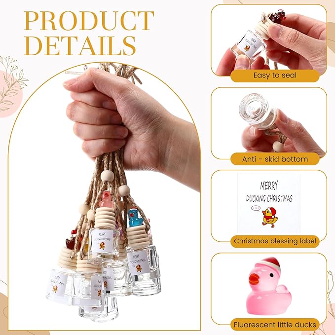 24 Set Christmas Hanging Car Air Freshener Car Diffuser Bottles Bulk Employee Appreciation Gifts Empty Glass Perfume Bottle with Resin Ducks and Merry Ducking Christmas Tags for Essential Oil