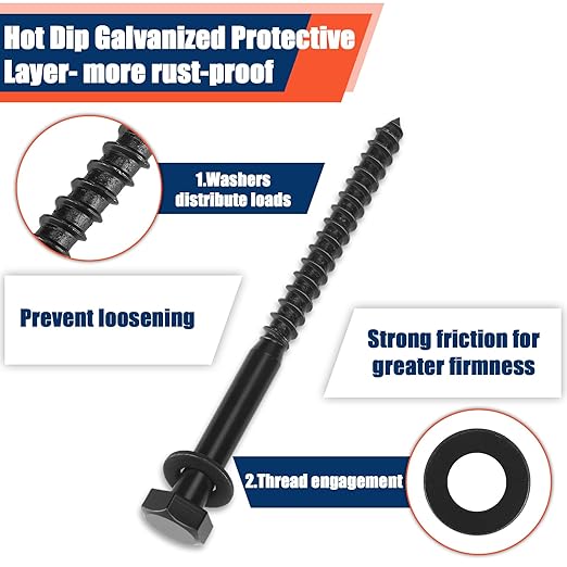 Tandefio 50 Pack 3/8''x 5'' Ceramic Black Lag Screw Kit with Washers Hex Lag Bolts Wood Screws Heavy Duty Hot Dip Galvanized Double Layer for Wood Decks Fences