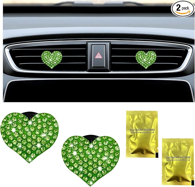 Ziciner 2PCS Bling Heart Car Air Vent Clips Charms, Heart Shaped Crystal Air Freshener Vent Clips, Rhinestone Air Conditioning Outlet Clip, Car Decor Accessories for Women Girls (Green)