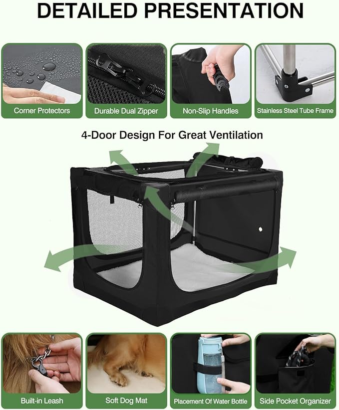 24" L x 17" W x 17" H Collapsible Travel Dog Crate, Portable Soft Dog Kennel for Small Medium Pets up to 30 lbs, 4-Door Foldable Travel Crate with Durable Mesh & Storage Bag, Black