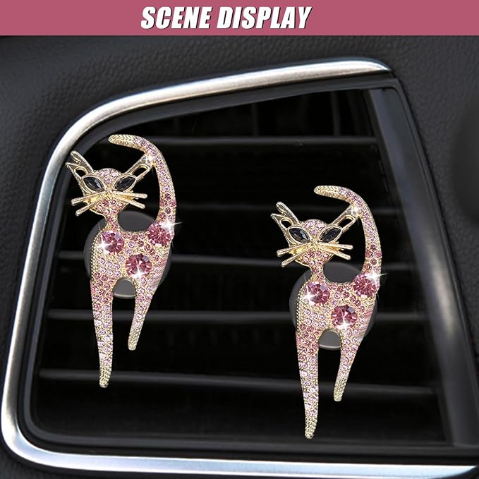 2PCS Car Vent Clips, Bling Cat Air Conditioning Outlet Clip, Crystal Rhinestone Auto Diffuser Perfume Clip, Cute Car Accessories for Women, Vehicle Interior Decoration (Pink)