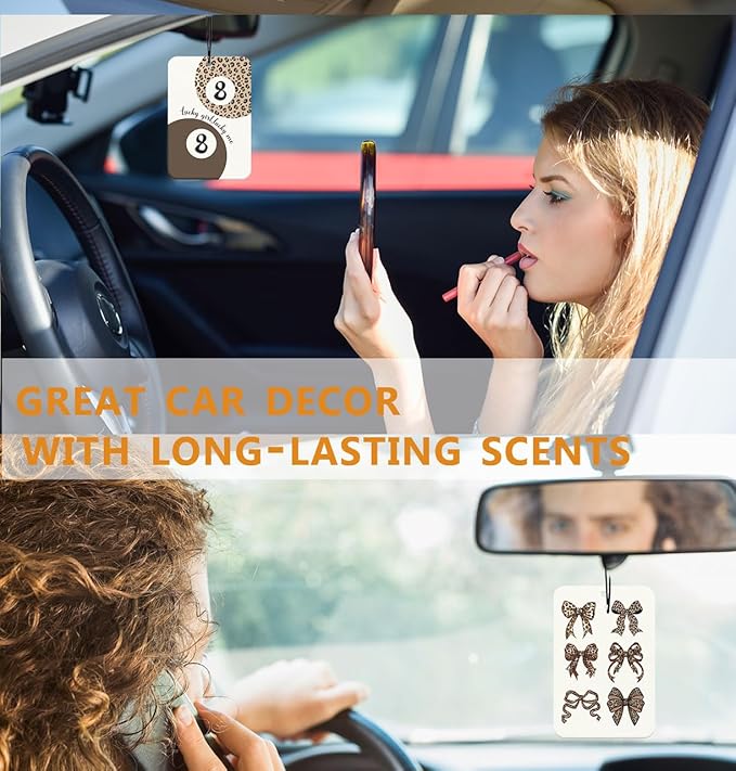 Cheetah Print Car Accessories Interior, Retro Bows Leopard Car Air Freshener 4Pcs, Lucky Cheetah Girly Mirror Decor Hanging, Coquette Bows Cute Cars Air Freshener for Women Girls(Vanilla)