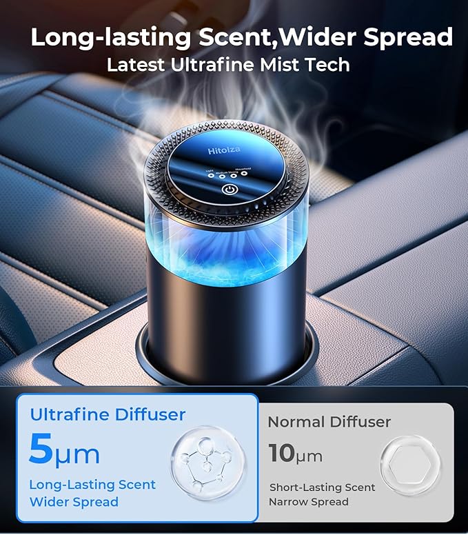 Smart Car Air Fresheners, Ambient Light & Mist Fragrance, Auto On/Off Car Air Freshener Diffuser, Adjustable Intensity, Lasts 6 Months, Built-in Battery, Premium Scents Refill X2 - Sakura