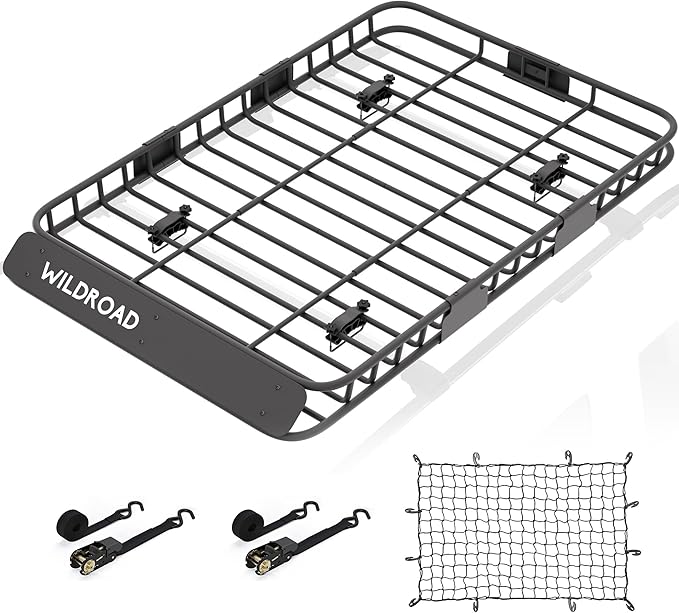 WILDROAD Car Roof Cargo Carrier Combo of Upgraded 64"x 39"x 4" Roof Rack Cargo Basket, Super Duty Bungee Cargo Net. Universal Car Top Luggage Holder Carrier Basket Fits for SUV Truck Cars