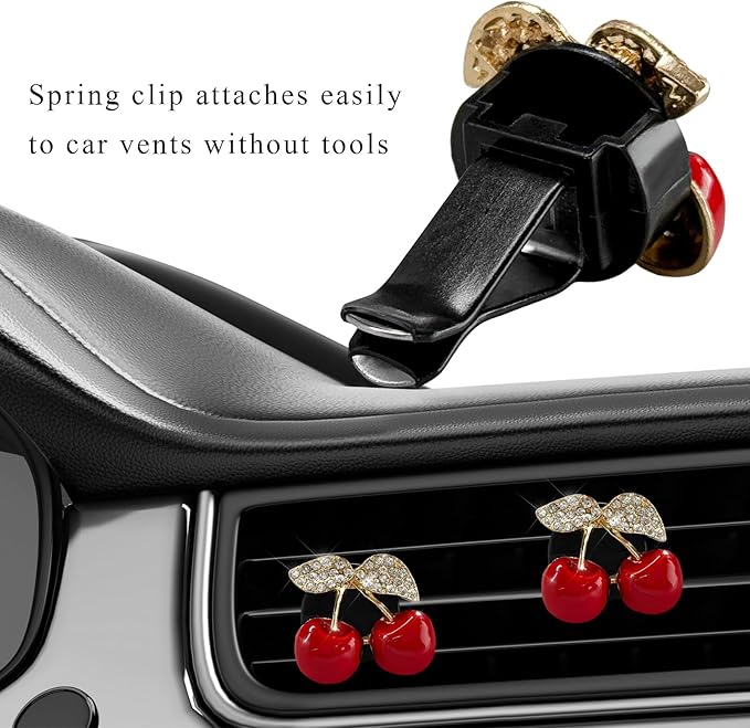 4PCS Cherry Car Air Vent Freshener Perfume Clip, Rhinestone Vehicle A/C Outlet Clips Bling Charm with Scented Pads, Sparkly Diamond Vent Clamp Cute Cherry Decoration for Women