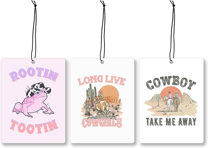 Mancheng-zi Western Cowgirl Cowboy Car Air Freshener 3Pcs, Long Live Cowgirls Cowboy Frog Air Freshener Hanging for Cars Closet Drawer or Books, Western Car Accessories Mirror Decor for Women Men
