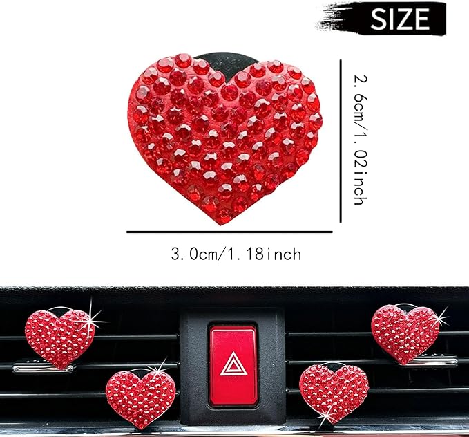 Crystal Heart Car Air Vent Clips, Sparkly Rhinestone Bling Diamond Auto Freshener Holder 4 Pack with Fragrance (Red, Ocean)