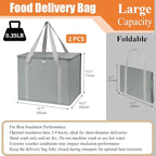 PEASUG 2 Pack Insulated Bags for Food Delivery, XL Pizza Delivery Bags, Large Capacity Cooler Bag Keep Food Warm for Grocery Shopping and Catering, Foldable, Heavy-Duty (Grey)