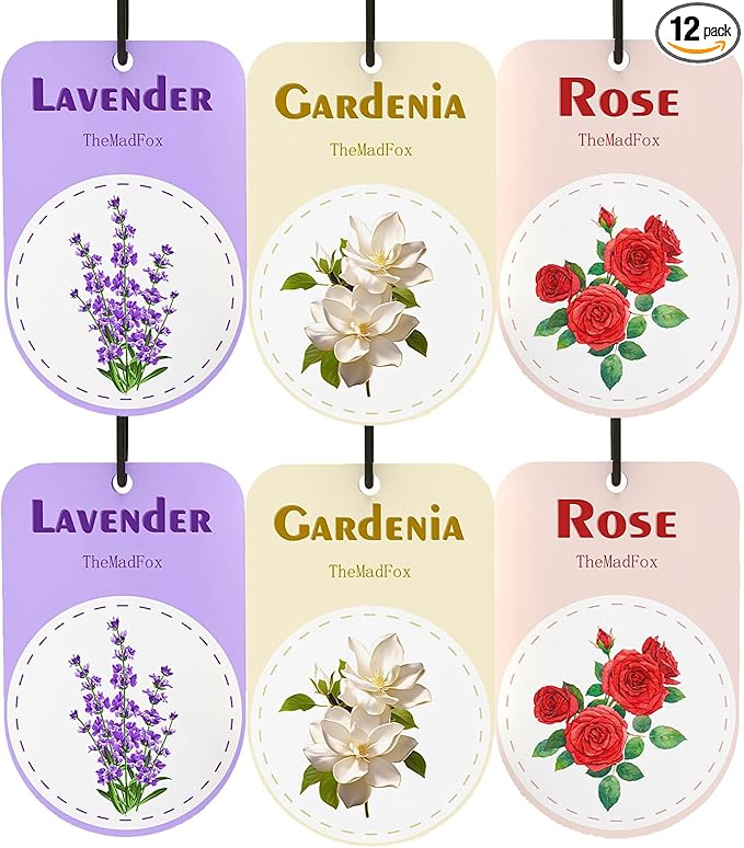 Hanging Car Air Fresheners, Long Lasting Scented Cards for Cars, Freshener Scents Lavender Rose Gardenia, Cute Car Accessories for Rearview Mirror, Wardrobe & Home, 12 Pack